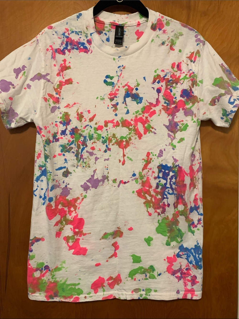 Gildan White Tee with Neon Pink, Green, Blue & Purple Splatter